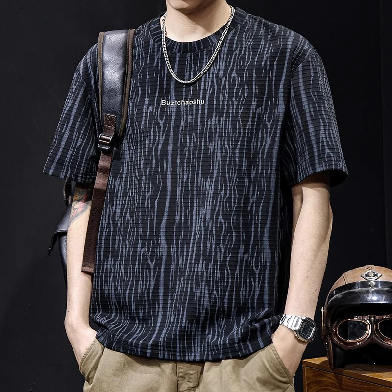 高端横纹提花短袖t恤男士宽松大码夏季高端新款衣服男装潮牌体恤