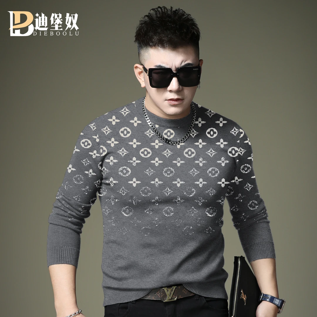 欧洲站潮牌高工植绒印花针织衫2025新款秋冬季百搭休闲男圆领毛衣