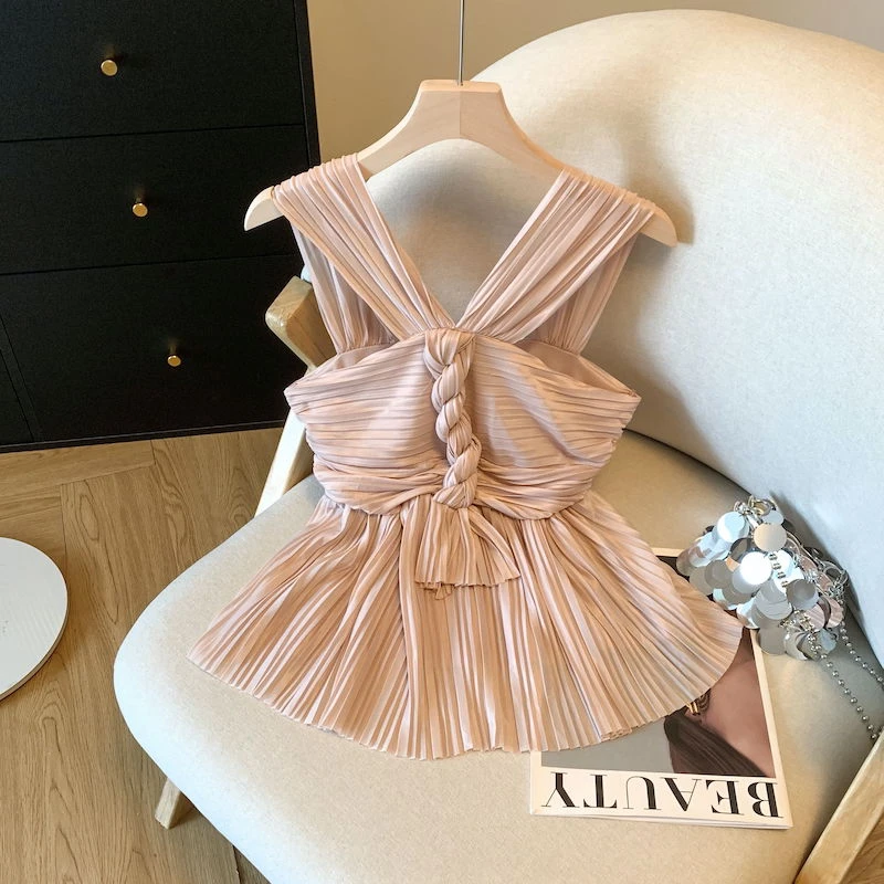 法式褶皱设计感挂脖吊带背心女夏气质高级感收腰显瘦外穿抹胸上衣