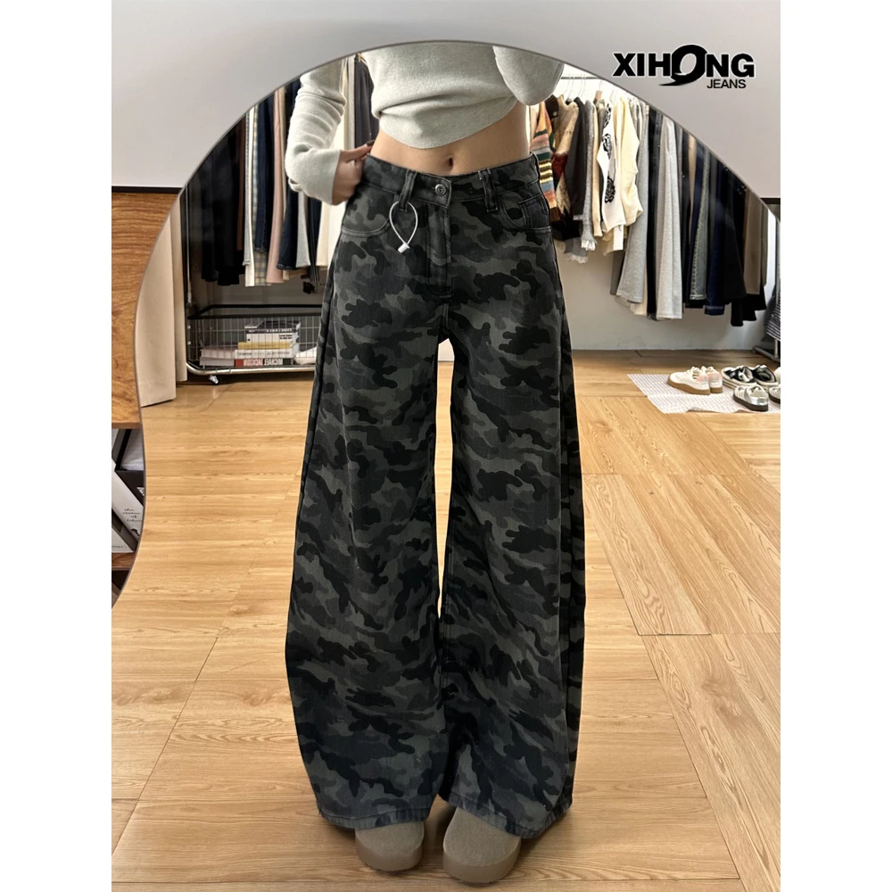 小个子高街设计复古迷彩阔腿牛仔裤女春夏新款高腰宽松显瘦直筒裤