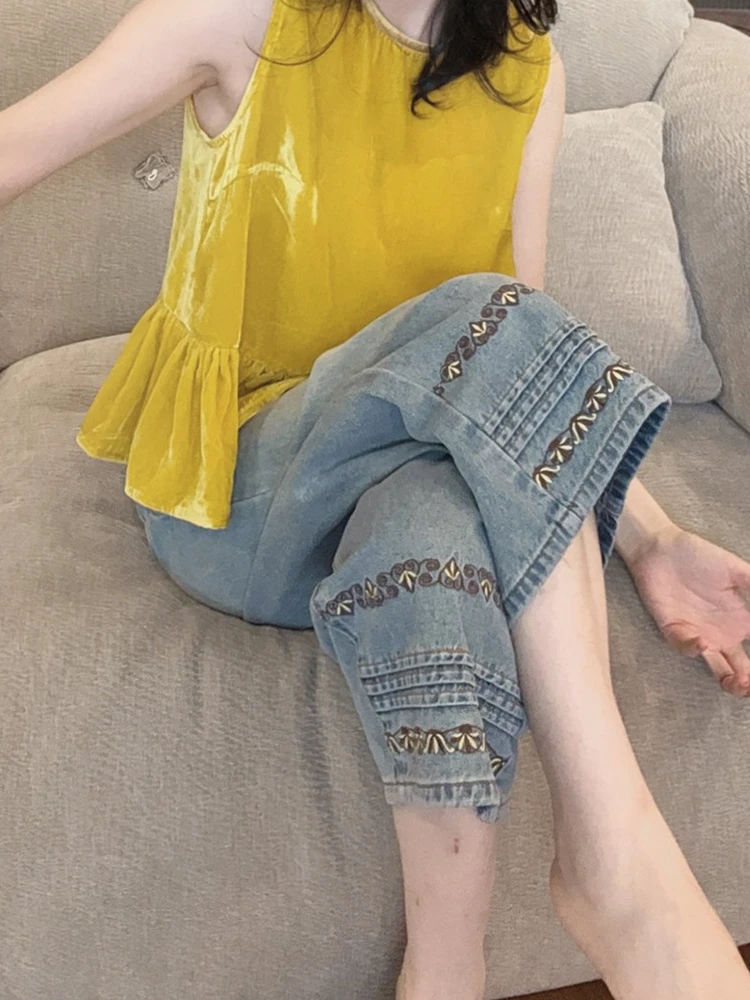 刺绣花边裤脚八分牛仔裤女2025年夏季薄款大码胖mm宽松直筒阔腿裤