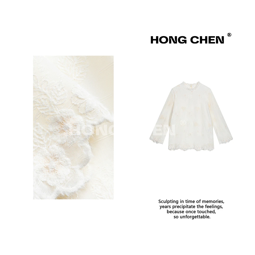 【虹辰】高端时尚女装立体刺绣花卉T恤气质名媛蕾丝花边上衣-HC3116