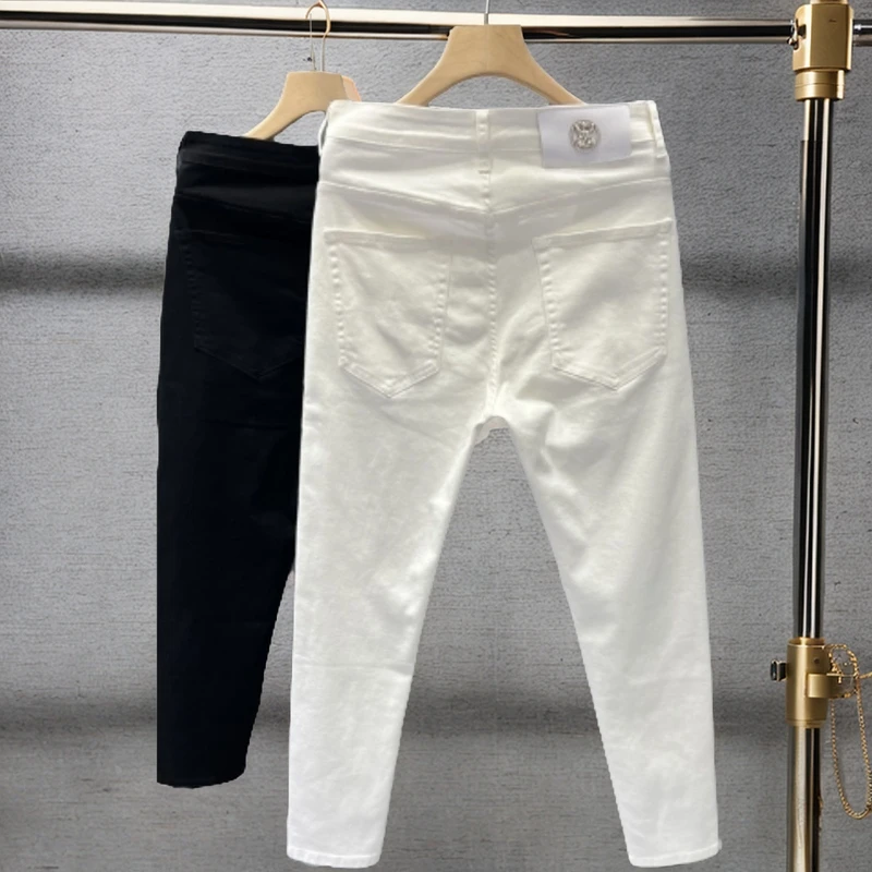 夏季新款男装修身款牛仔裤薄款白色牛仔裤直脚微弹商务男裤长裤