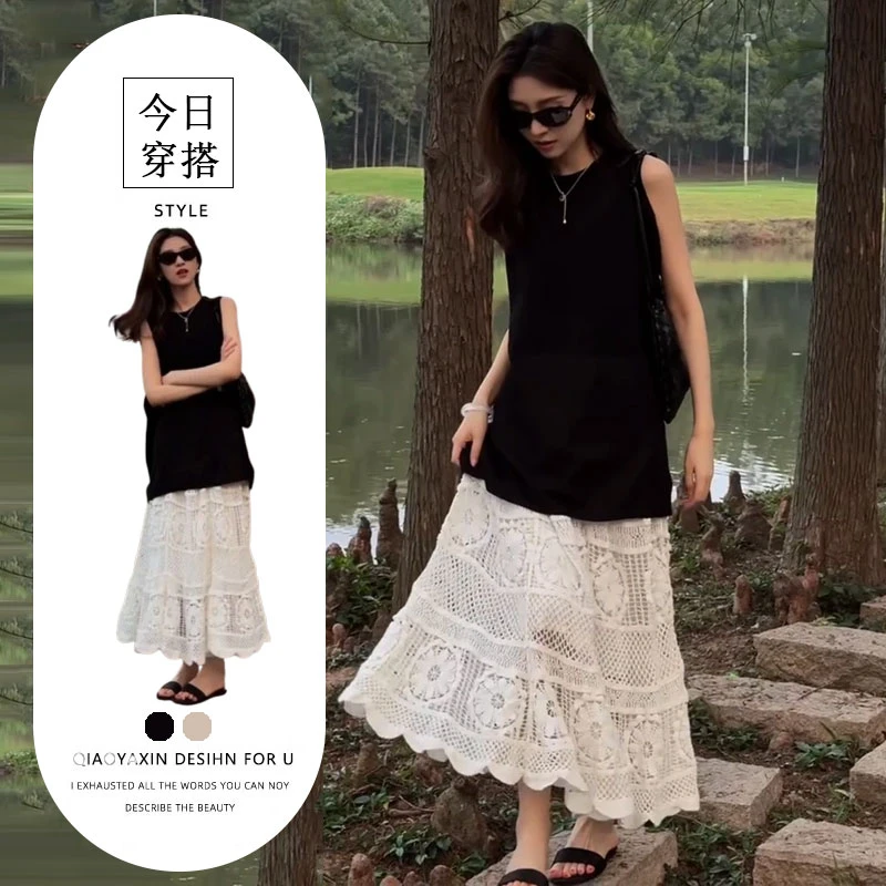 夏季慵懒风高级感法式赫本小香风黑色时尚无袖背心半身裙休闲套装