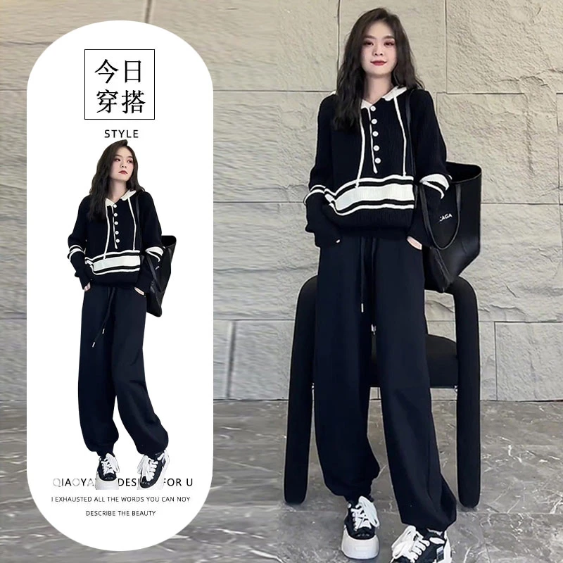 韩剧穿搭学院风减龄显瘦套装女秋装款连帽针织毛衣休闲卫裤两件套