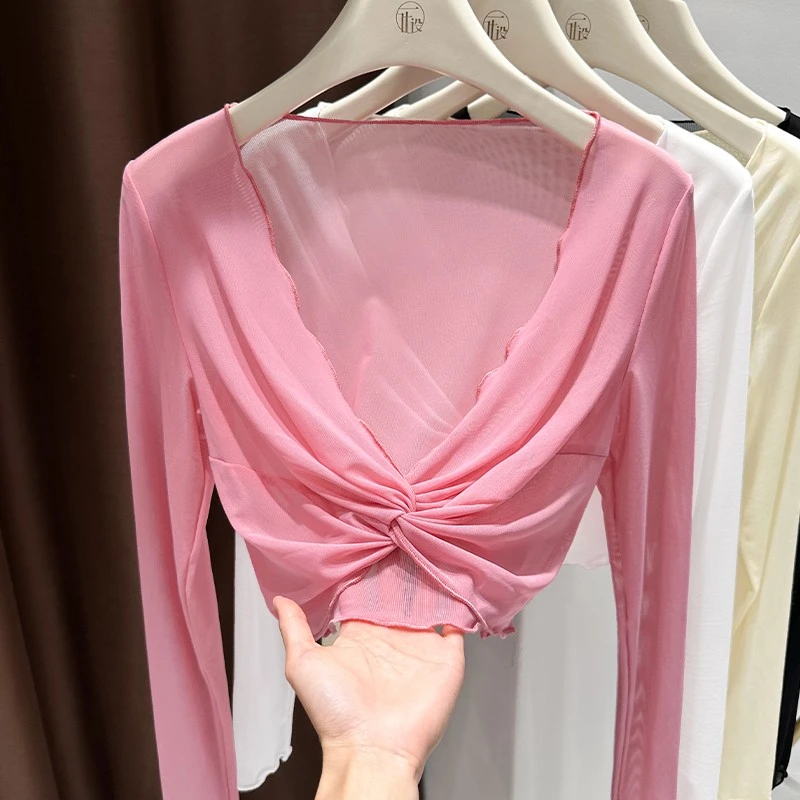 粉色吊带裙外搭罩衫防晒短款交叉扭结v领冰丝网纱舞蹈披肩女薄款