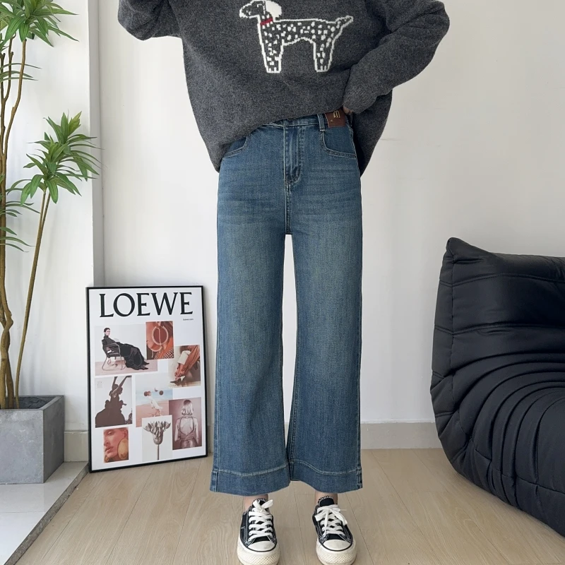 木木崧大码九分牛仔阔腿裤女早春高腰百搭胖mm显瘦蓝色直筒牛仔裤