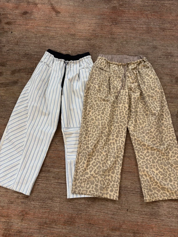 Uninhabitable撞色双腰头松紧腰！设计师款不规则条纹图案阔腿裤子