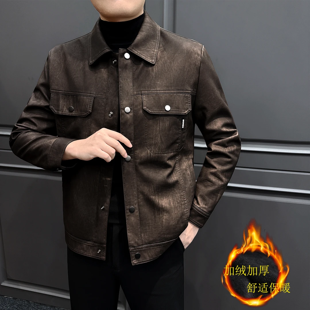 加绒保暖皮夹克男款爆款2025新款痞帅高级感男装冬季百搭男士外套