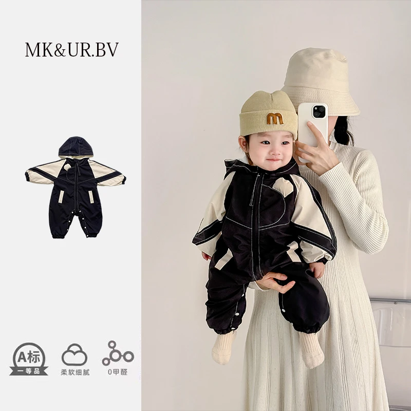 MK&UR.BV婴儿加绒棉衣冲锋衣拼色连体衣秋冬季装款宝宝外出穿加绒