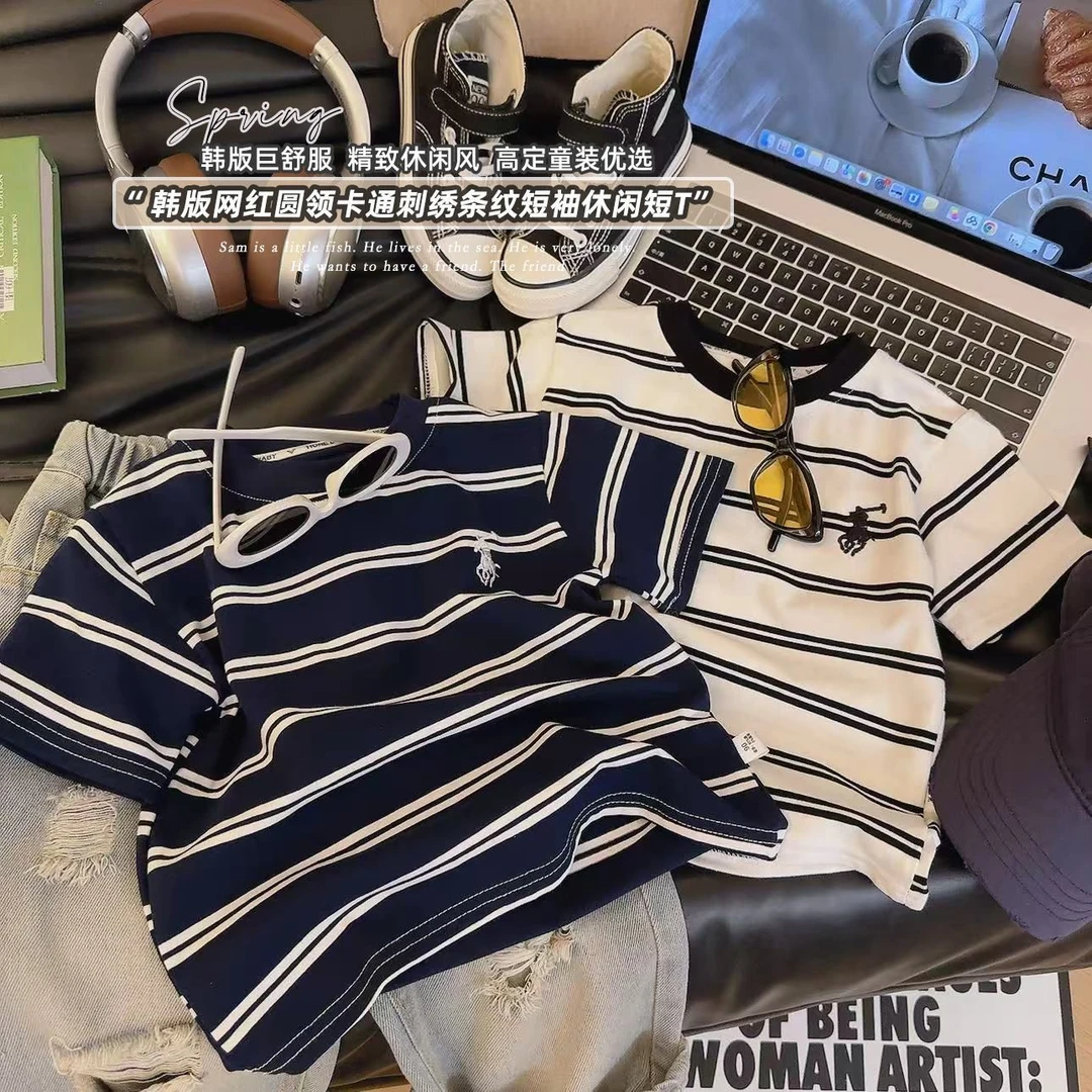 童装男童条纹短袖T恤2025夏季新款女童薄款棉质短袖T恤男孩酷帅潮