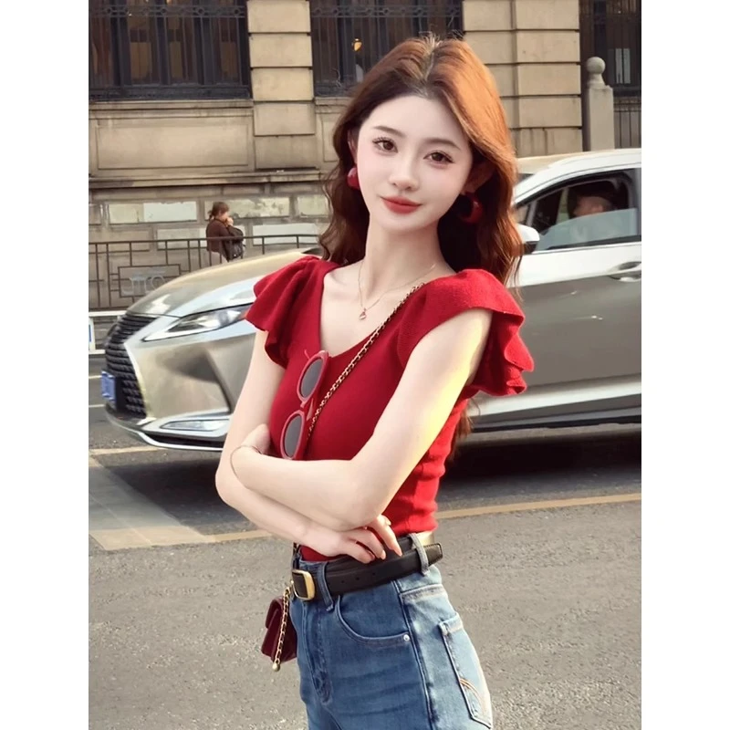 红色V领正肩冰丝针织短袖T恤女夏季超好看独特漂亮修身小飞袖上衣