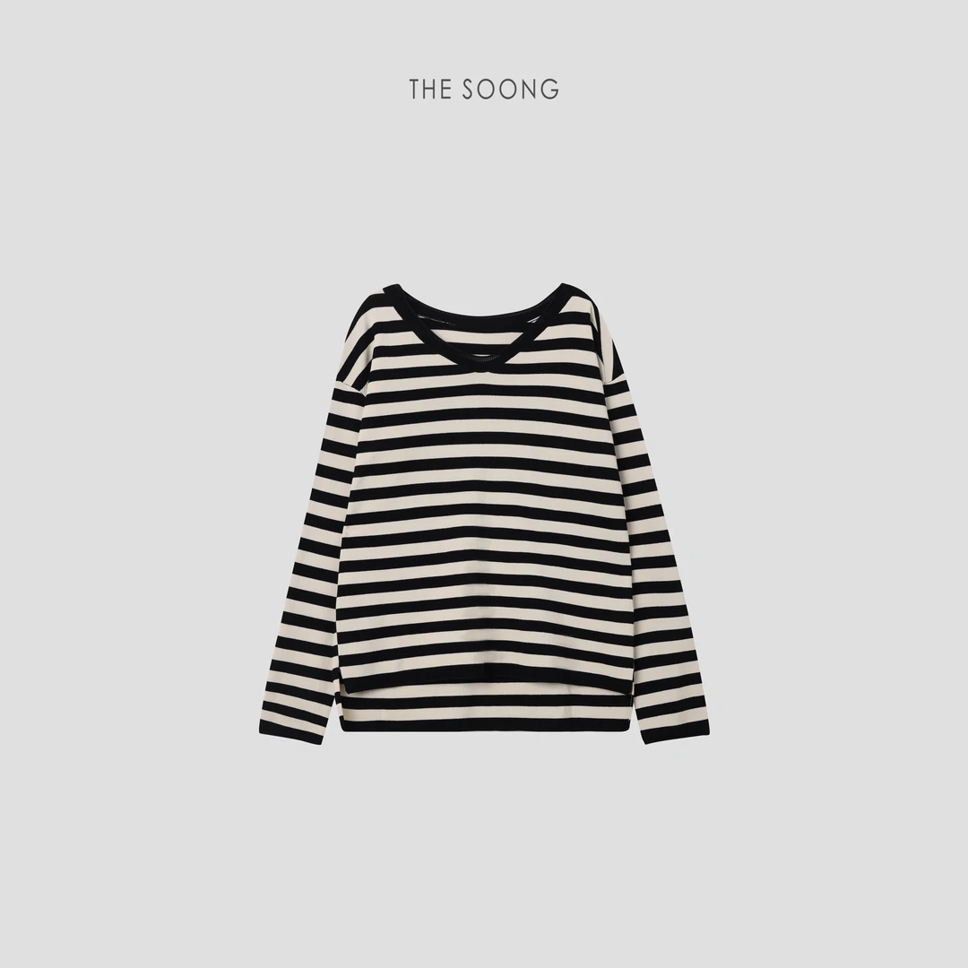 THESOONG|16针精密织造加捻重塑V领条纹长袖上衣女HBMY5434