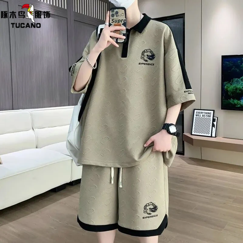 啄木鸟polo衫男套装短袖t恤短裤一套搭配夏季青少年帅气时尚两件