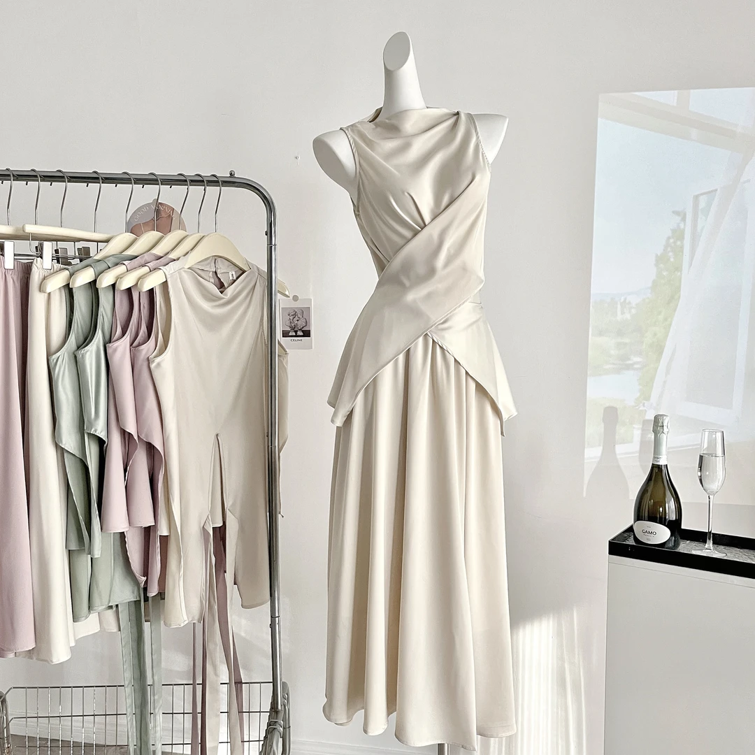 夏季新款落落白月小众设计感缎面套装高端显瘦系带时尚两件套