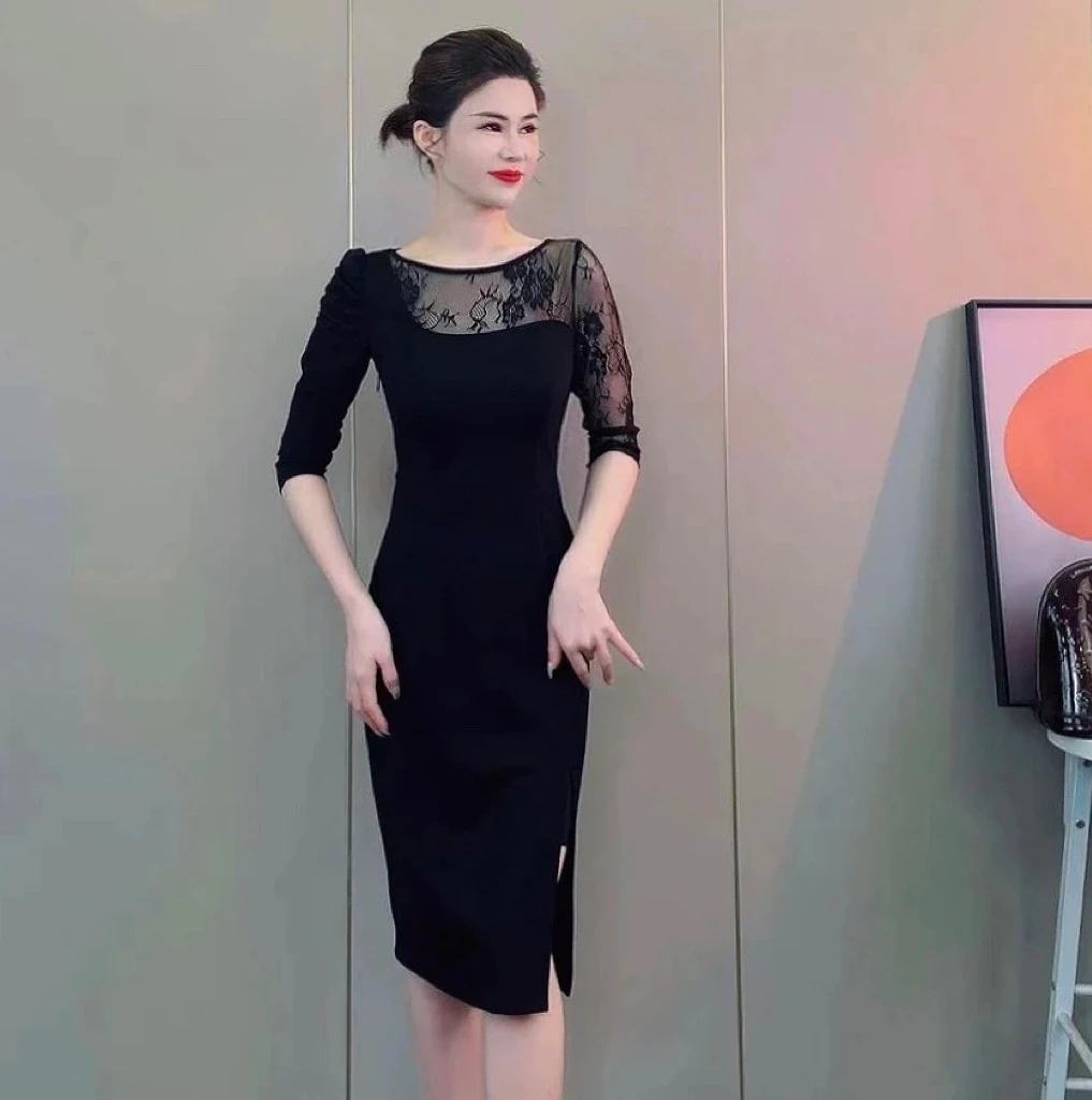 【潼潼严选】气质名媛连衣裙女新款修身显瘦蕾丝拼接圆领长袖1206-6