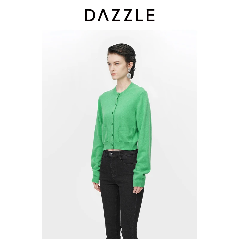 DAZZLE地素奥莱羊绒针织圆领开衫冬季绿色毛衣上衣女2H4E528