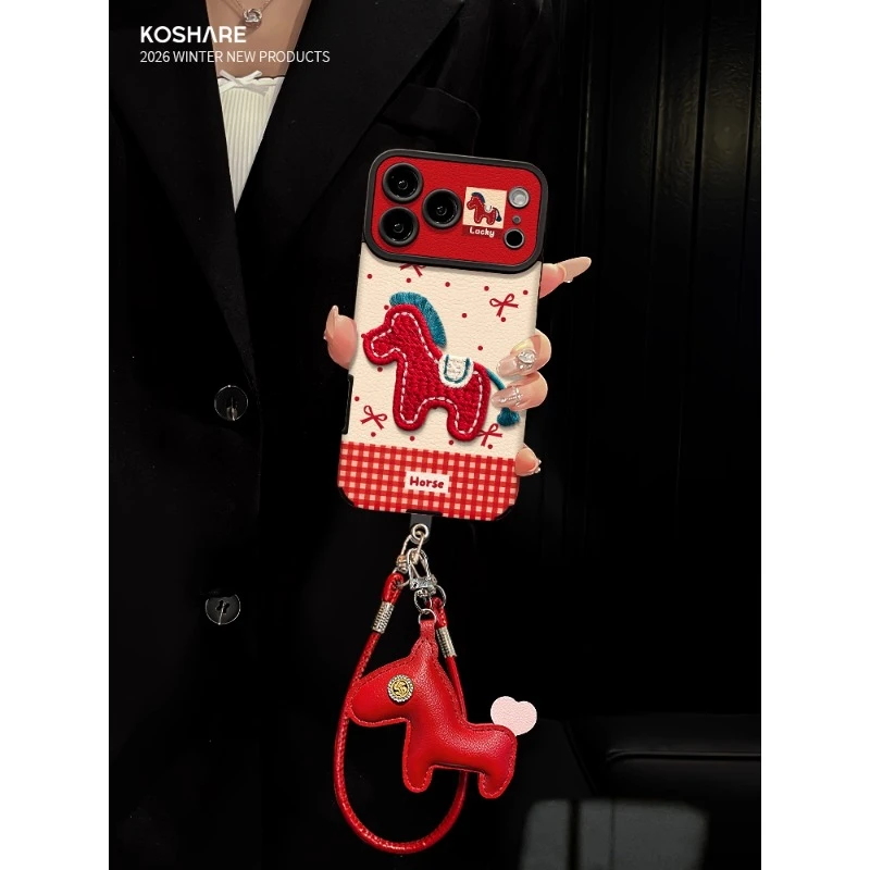 刺绣小马羊皮大视窗适用苹果17手机壳华为vivo小米OPPO秋冬女新款