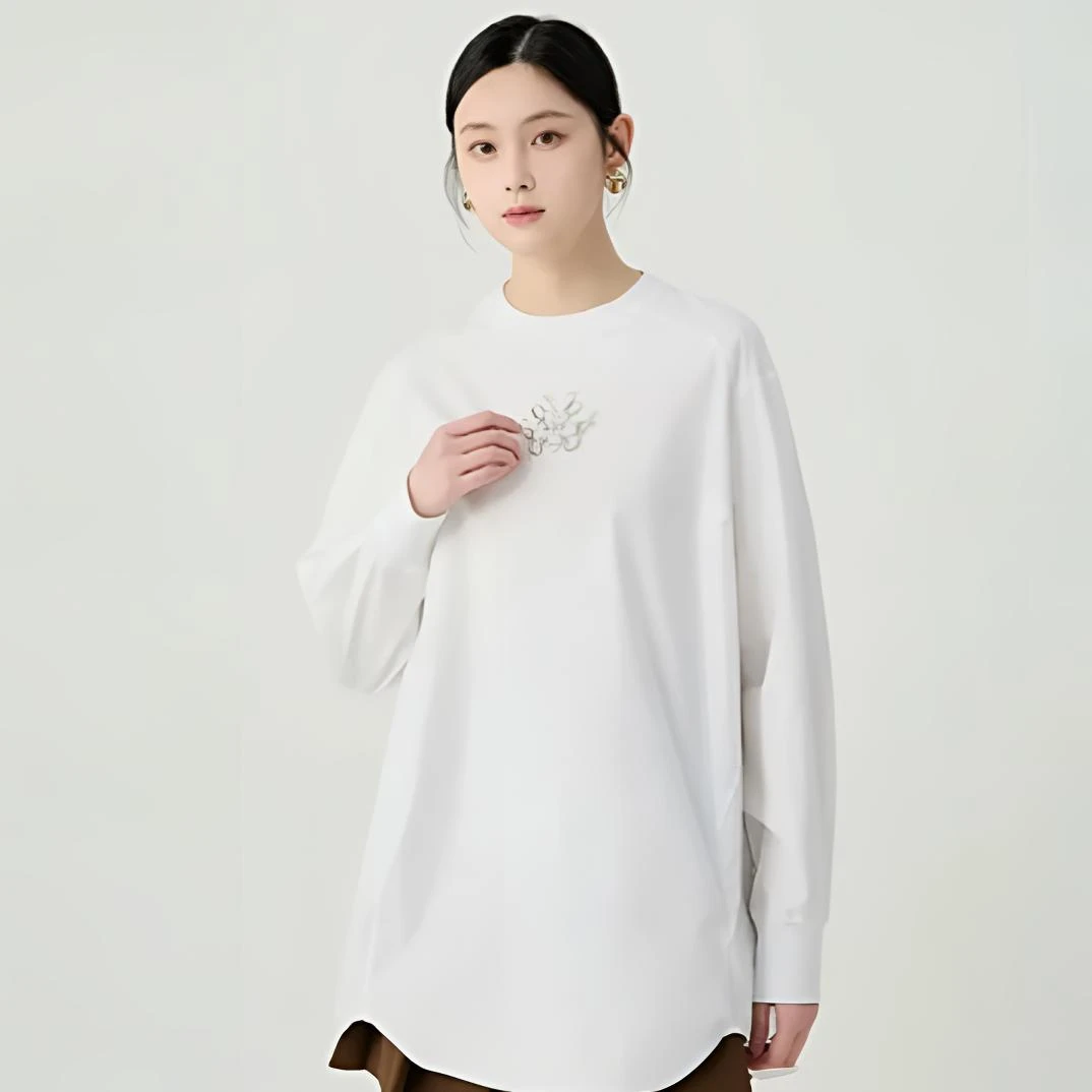 哥弟新款简约通勤手工珠钻龙头圆领纯棉衬衫上衣/130044