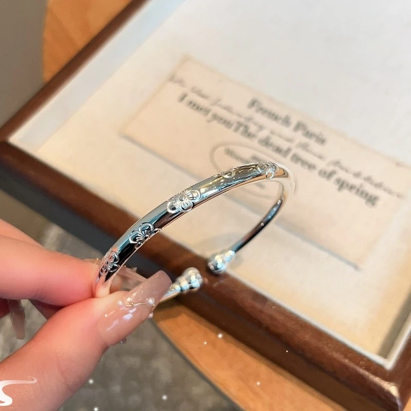 南瓜头银手镯女9999银梅花开口镯子新中式国风手环礼物百搭