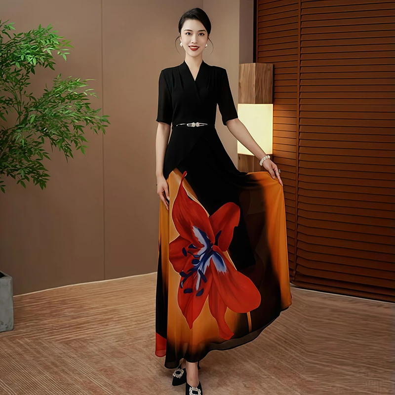 设计师款气质轻奢连衣裙2025夏季新款黑色时尚假两件拼接长裙90