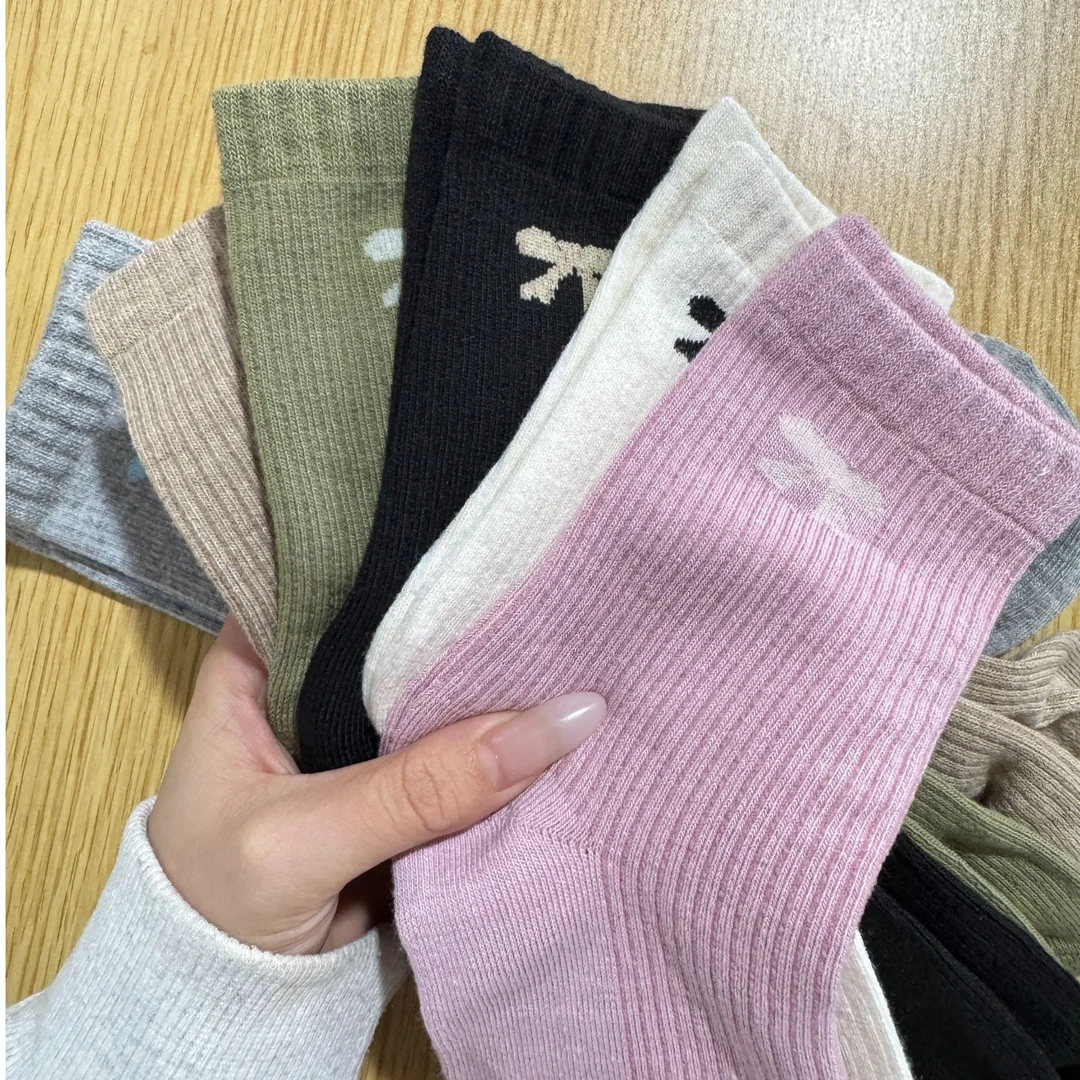 袜子女秋冬中筒袜新款加厚保暖蝴蝶结印花日系百搭堆堆袜WZ332