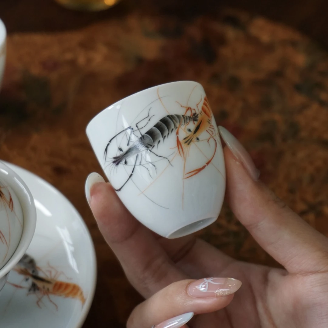 论艺堂 粉彩墨虾蛋壳杯薄胎岩茶主人杯高端茶器 30ml