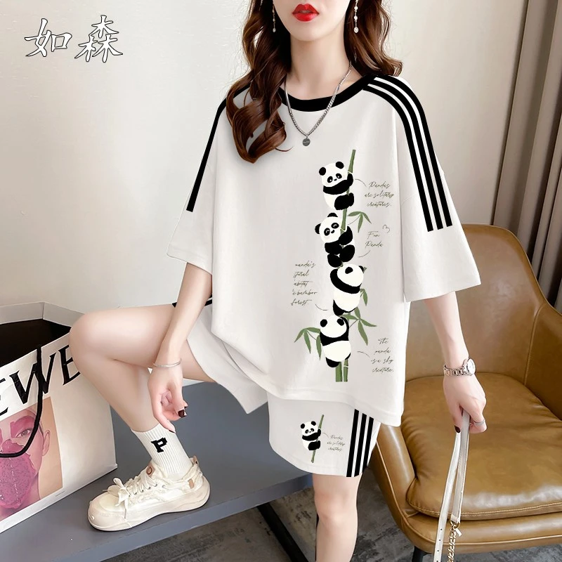 熊猫条纹短袖短裤时尚套装女贵系夏宽松休闲运动风两件套大码女装