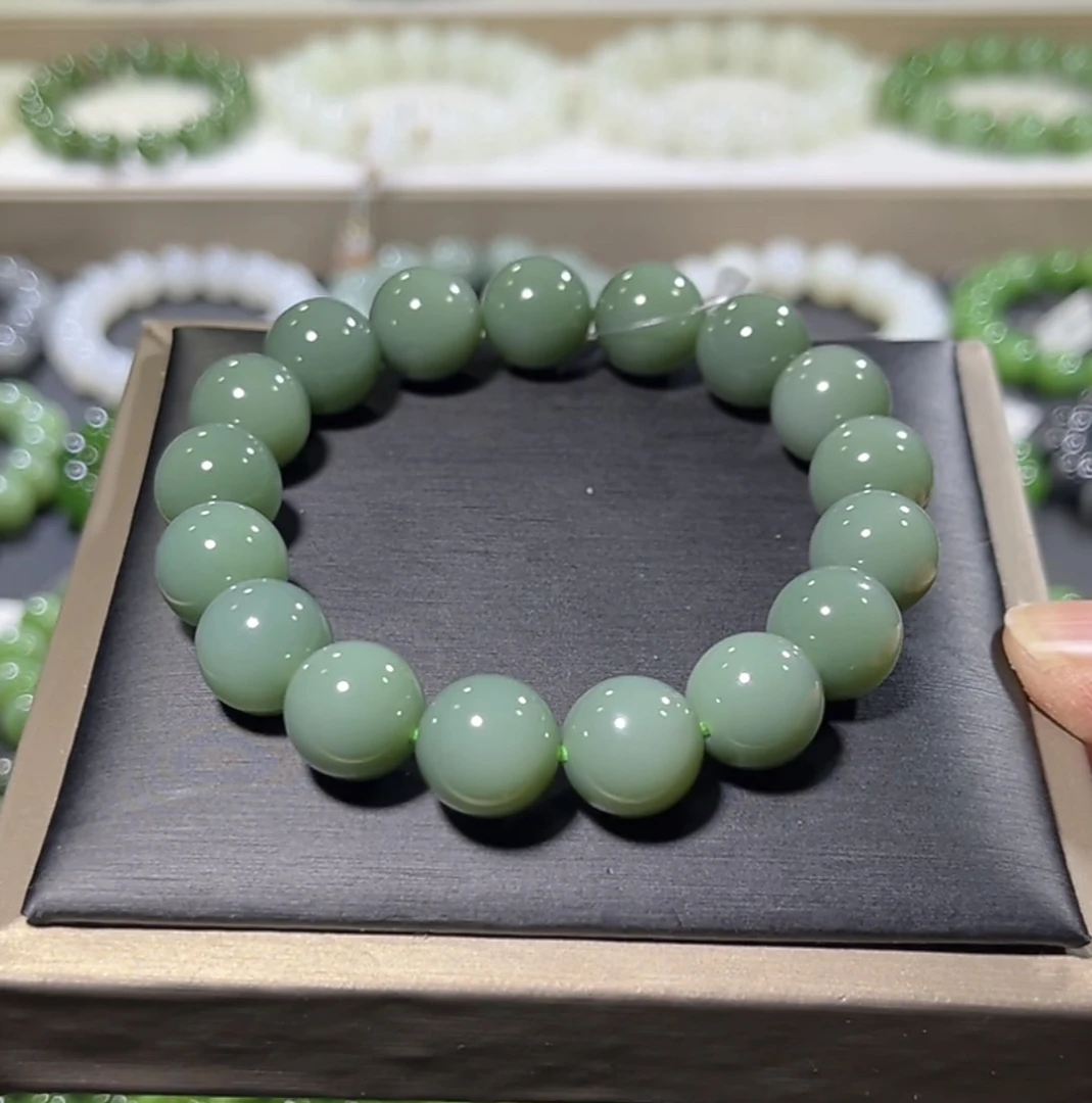 高端和田玉手串俄罗斯碧玉瓷蓝手串特细约12mm单圈时尚圆珠素圈