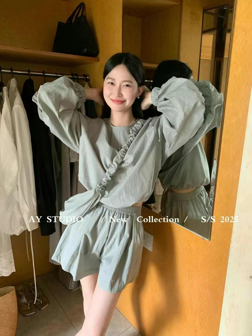 梦小小女装3025春韩版时尚气质百搭显瘦长袖防晒T恤+短裤休闲套装