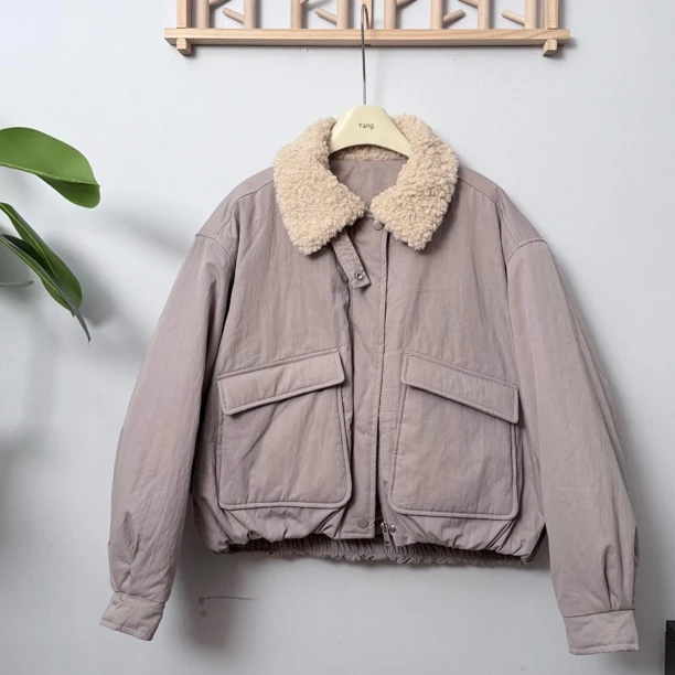 【芋泥】韩系羊羔毛翻领短款加厚工装拼接棉服外套女冬