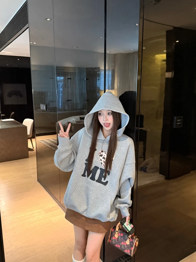 2025冬季新款韩系时尚休闲宽松慵懒风连帽字母长袖卫衣女学生ins
