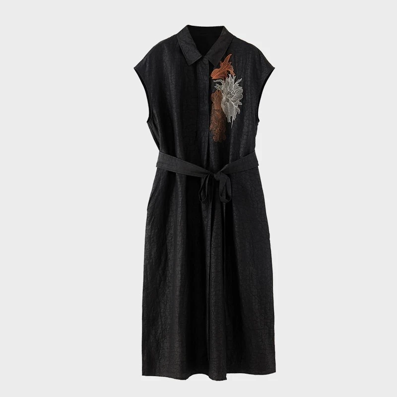 [彩豆推荐]重工刺绣香云纱连衣裙100桑蚕丝龟裂纹真丝长裙