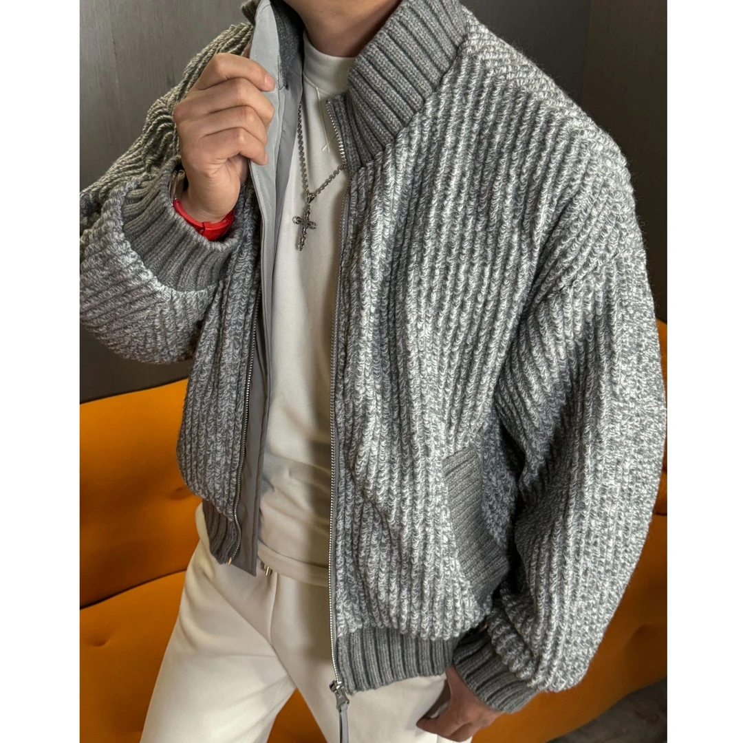 纯色保暖慵懒复古休闲羊毛混纺羽绒服加厚立领夹克潮流男装55124