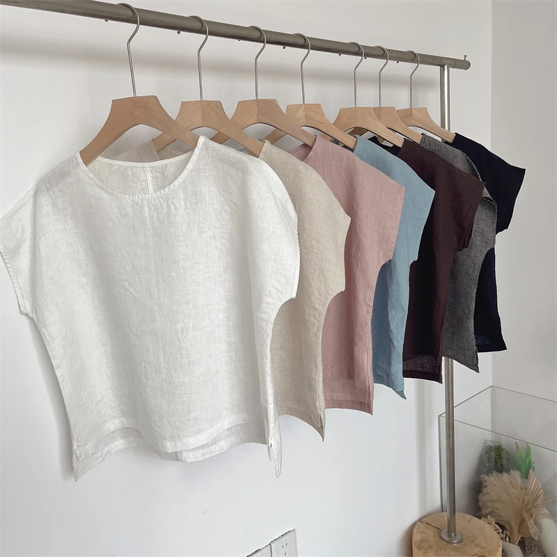 100%亚麻~505高品质日系简约宽松小飞袖透气亚麻衬衫上衣T恤女