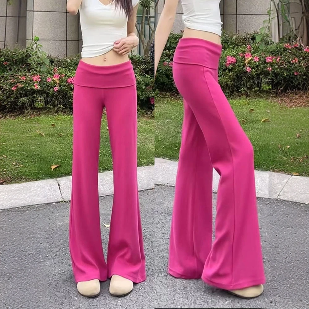 玫红色喇叭裤女夏季薄款2025新款高腰修身显瘦垂感休闲微喇卫裤