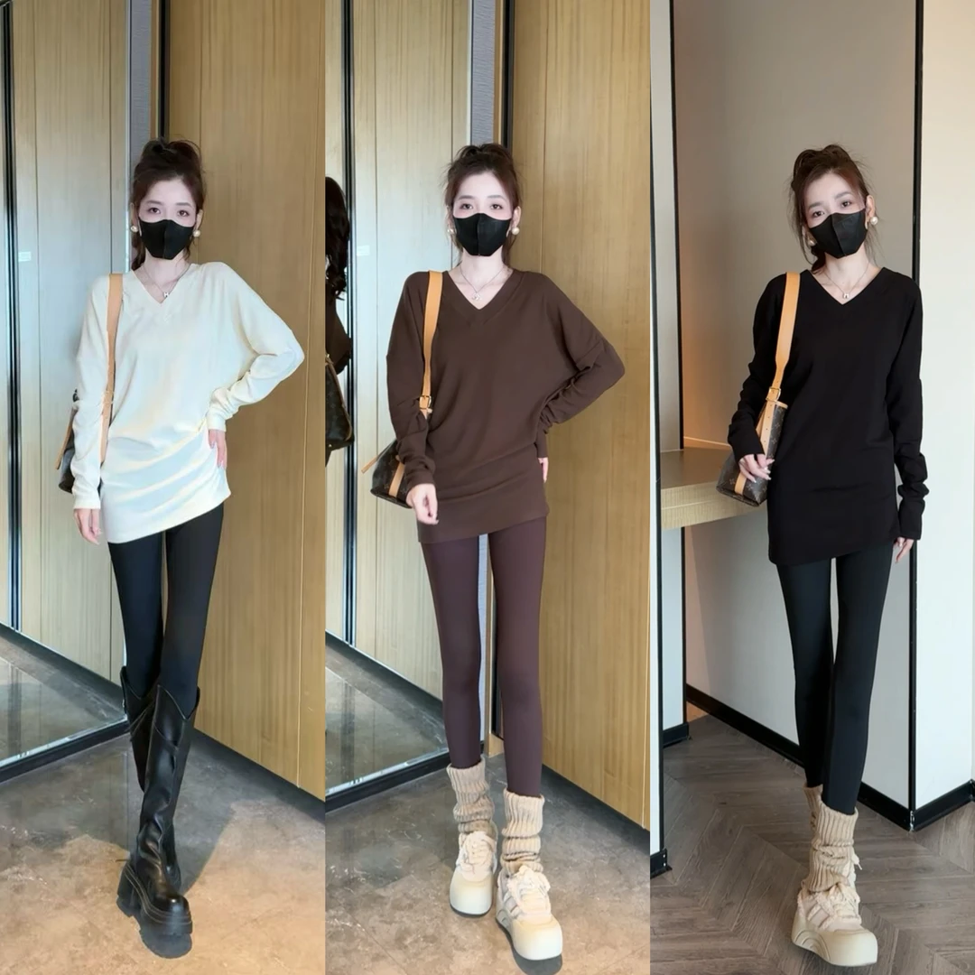 V领素版蝙蝠袖磨毛百搭T裙+打底裤时尚套装