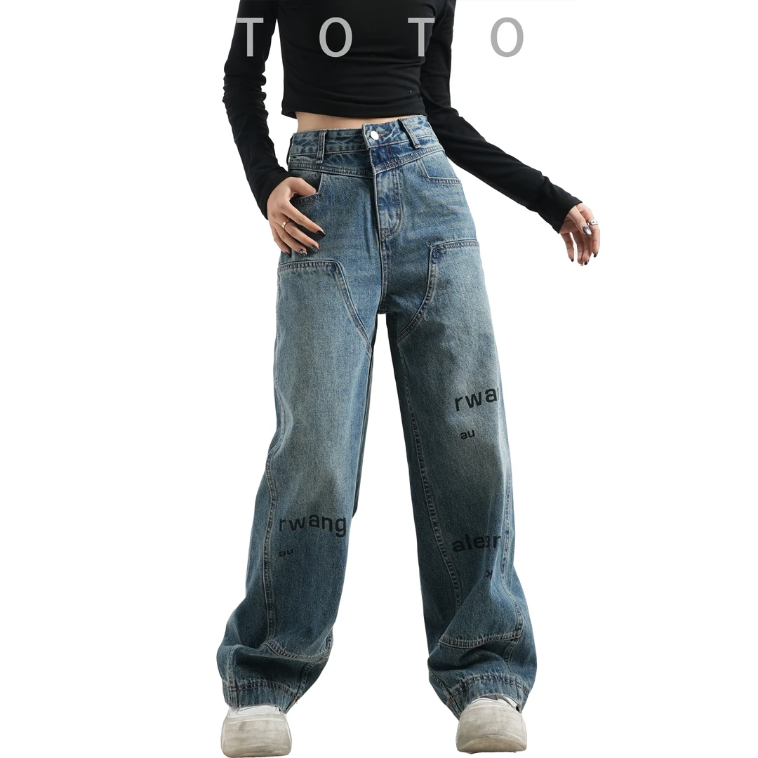 TO【QH66002】春款潮流字母设计深蓝色水洗中高腰显瘦弯刀牛仔裤