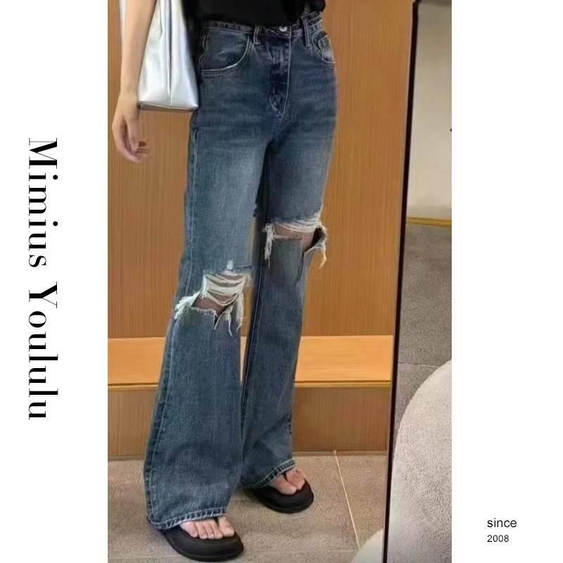 【mimius】七七 膝盖破洞喇叭水洗牛仔裤 WG03134