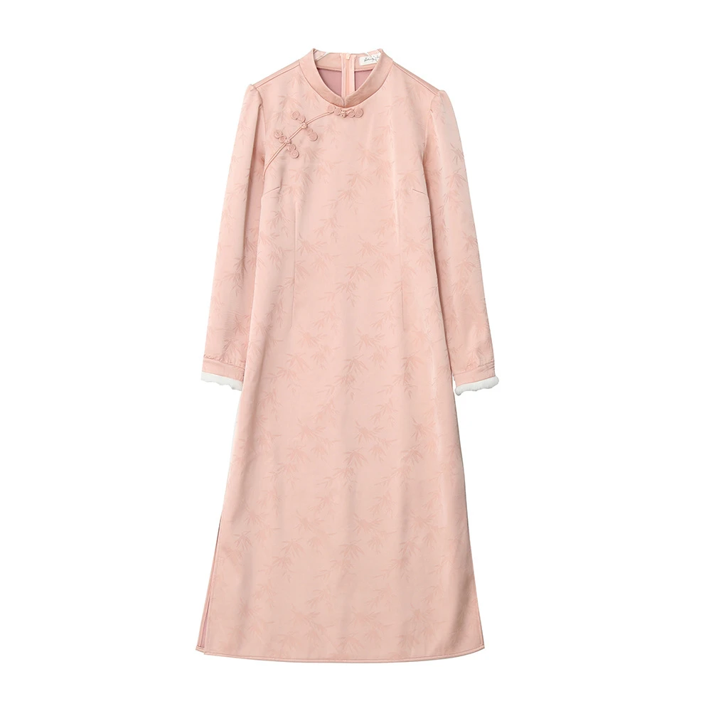 7863冬胖MM微胖宽松修身国风纯色竹叶纹加厚改良版旗袍连衣裙