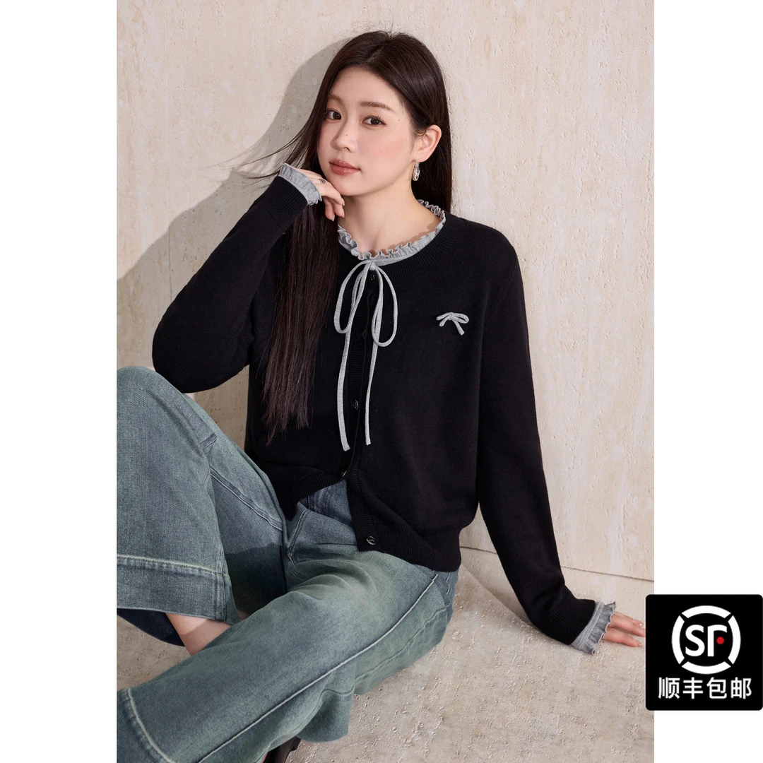 蓝语大码秋季法式蝴蝶结圆领毛衣女长袖针织打底衫两件套15660