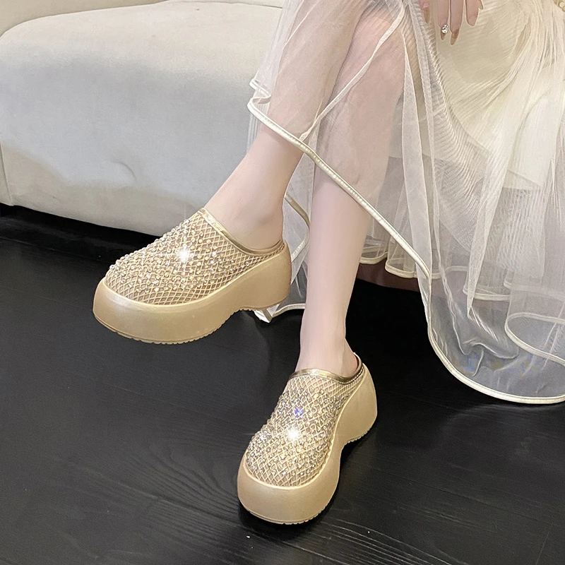 包头拖鞋女镂空透气增高厚底外穿2025年夏新款小个子水钻沙滩凉鞋