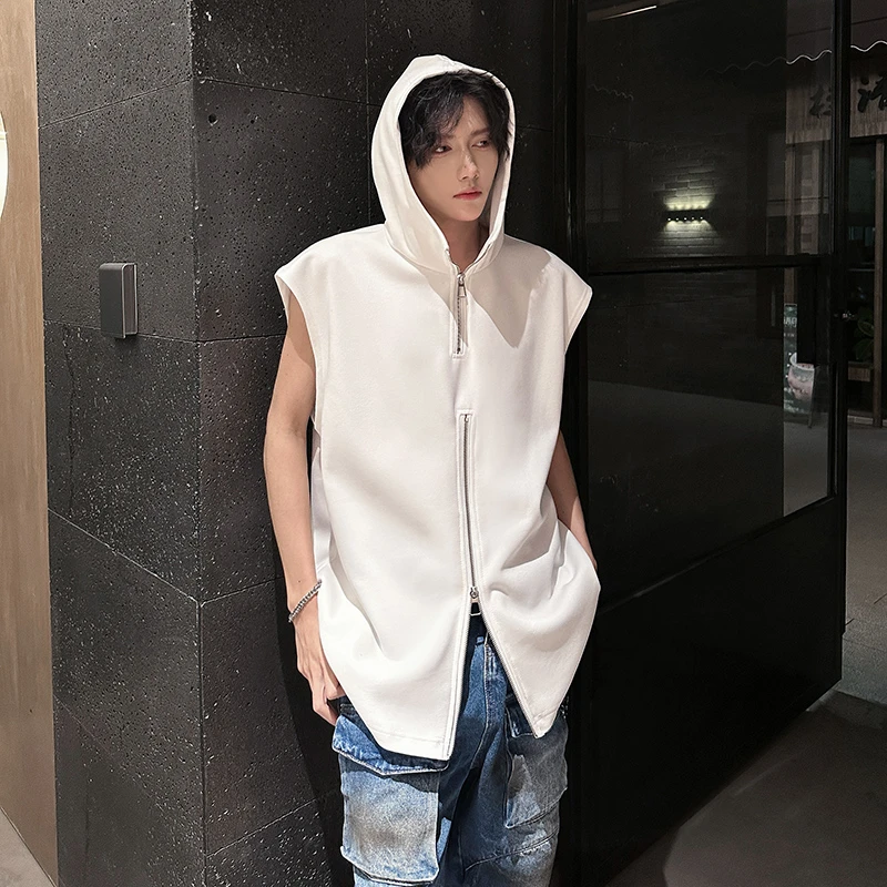 美式高街白色半拉链背心男款夏季小众高领无袖t恤设计感连帽坎肩