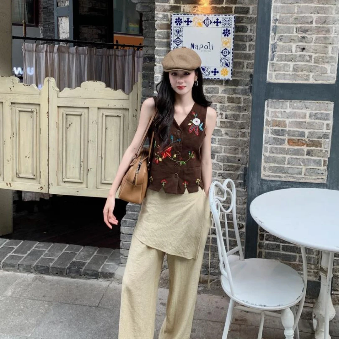 法式复古民族风刺绣马甲背心女装高腰直筒假两件休闲阔腿裤两件套