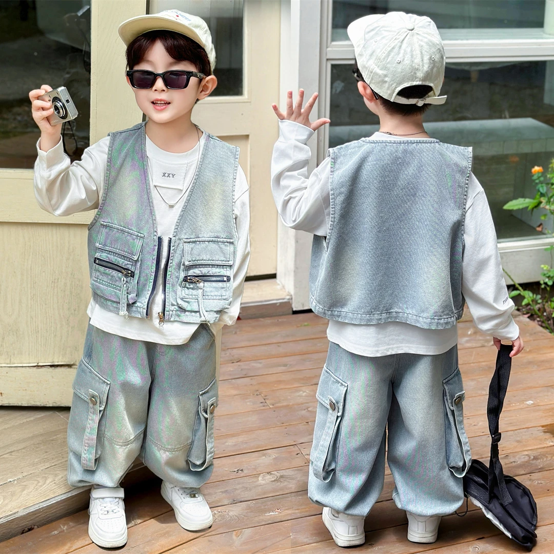 男童套装潮酷秋装2025新款儿童洋气牛仔马甲韩系工装风春秋三件套