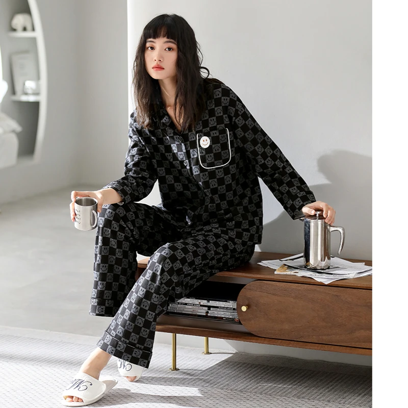 睡衣女春秋季纯棉长袖家居服女款棋盘格开衫加大码两件套装