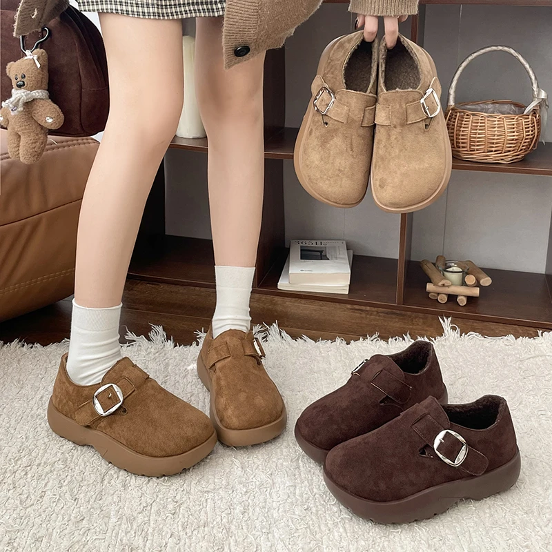超火复古全包加绒勃肯鞋女冬季新款厚底保暖棉鞋增高一脚蹬乐福鞋
