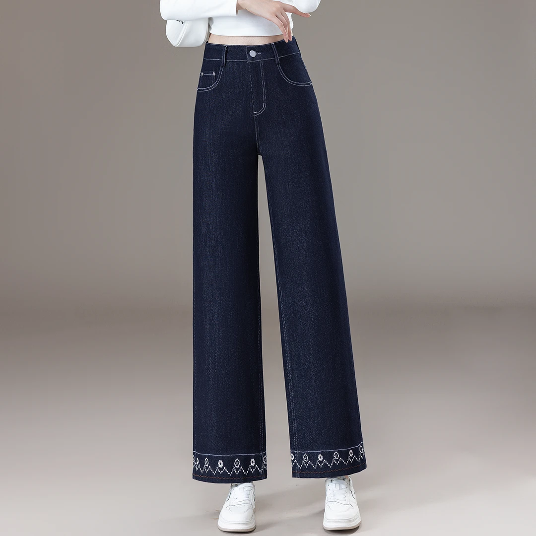 丹宁蓝窄版直筒牛仔裤女2025秋季新款高腰垂感深蓝色小个子阔腿裤