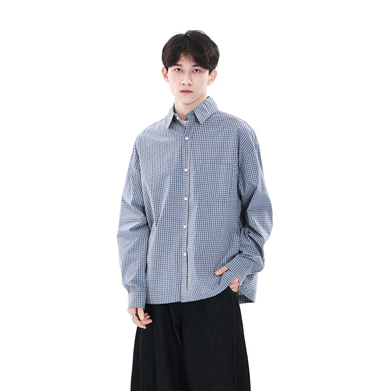 CDDR美式复古简约高级感宽松格纹衬衫男女春季下摆破坏设计衬衣