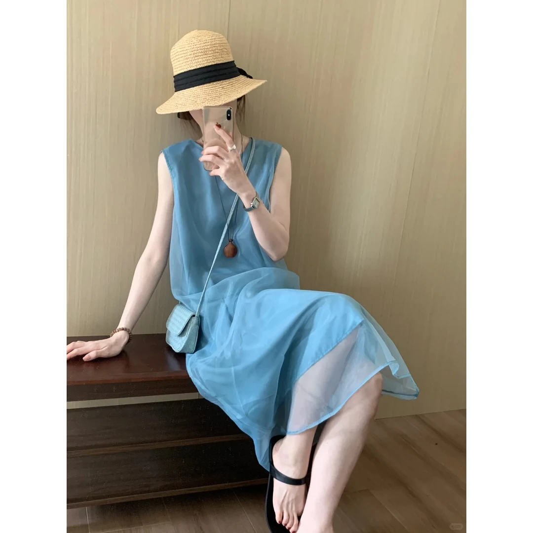 洋气纯欲慵懒风衣服财阀千金女装甜美可爱风格时髦气质蓝色连衣裙